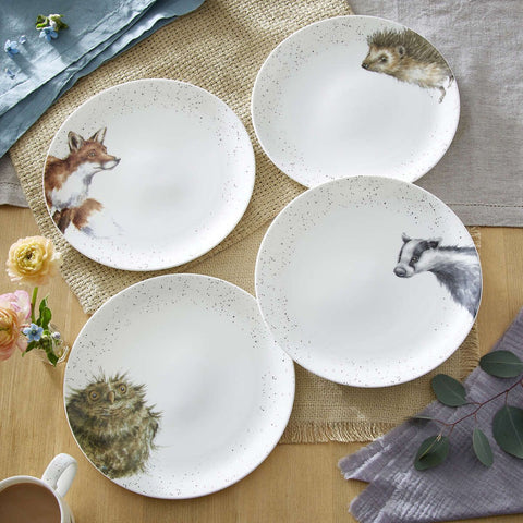 Royal Worcester Wrendale Designs Set of 4 Coupe Dinner Plates 26.6cm - Badger, Hedgehog, Fox, Owl
