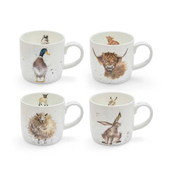 Royal Worcester Wrendale Designs Box Duck, Hare, Sheep & Highland Cow Set of 4 Mugs
