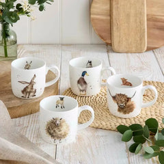 Royal Worcester Wrendale Designs Box Duck, Hare, Sheep & Highland Cow Set of 4 Mugs