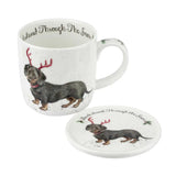 Royal Worcester Wrendale Designs Mug & Coaster Dachshund Through the Snow