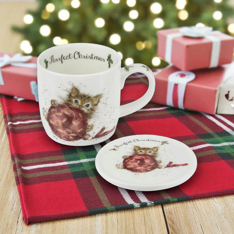 Royal Worcester Wrendale Designs Mug & Coaster Set Purffect Christmas Kittens